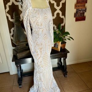Small White Sequin long-sleeve Floor Length Mermaid Dress by Windsor